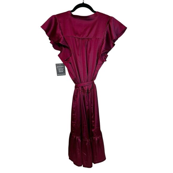 Boston Proper Ruffle Satin Tie Waist Midi Dress Cabernet Burgundy M Boho Retro - Picture 2 of 12